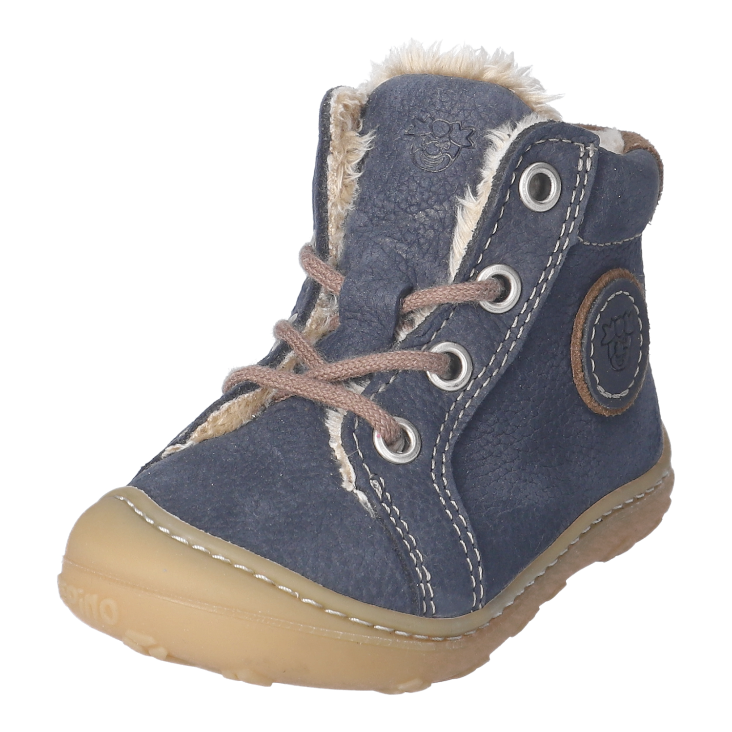 Georgie Kinderschuh, dunkelblauer hoher Schnürstiefel aus Lederoptik mit hellem Teddyfutter, braunen Schnürsenkeln, silbernen Ösen, weißen Ziernähten, rundem Logopatch und beiger Gummisohle