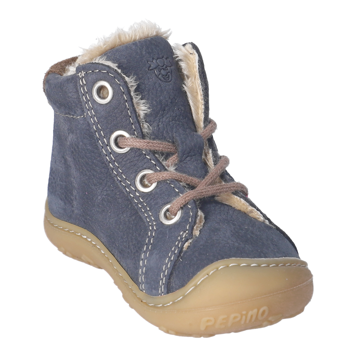 Kinderstiefel Georgie in dunkelblauem Veloursleder mit beigem Teddyfutter, braunen Schnürsenkeln durch silberne Ösen, kontrastierenden weißen Nähten und hellbrauner Gummisohle mit PEPINO‑Logo, seitliche Nahaufnahme